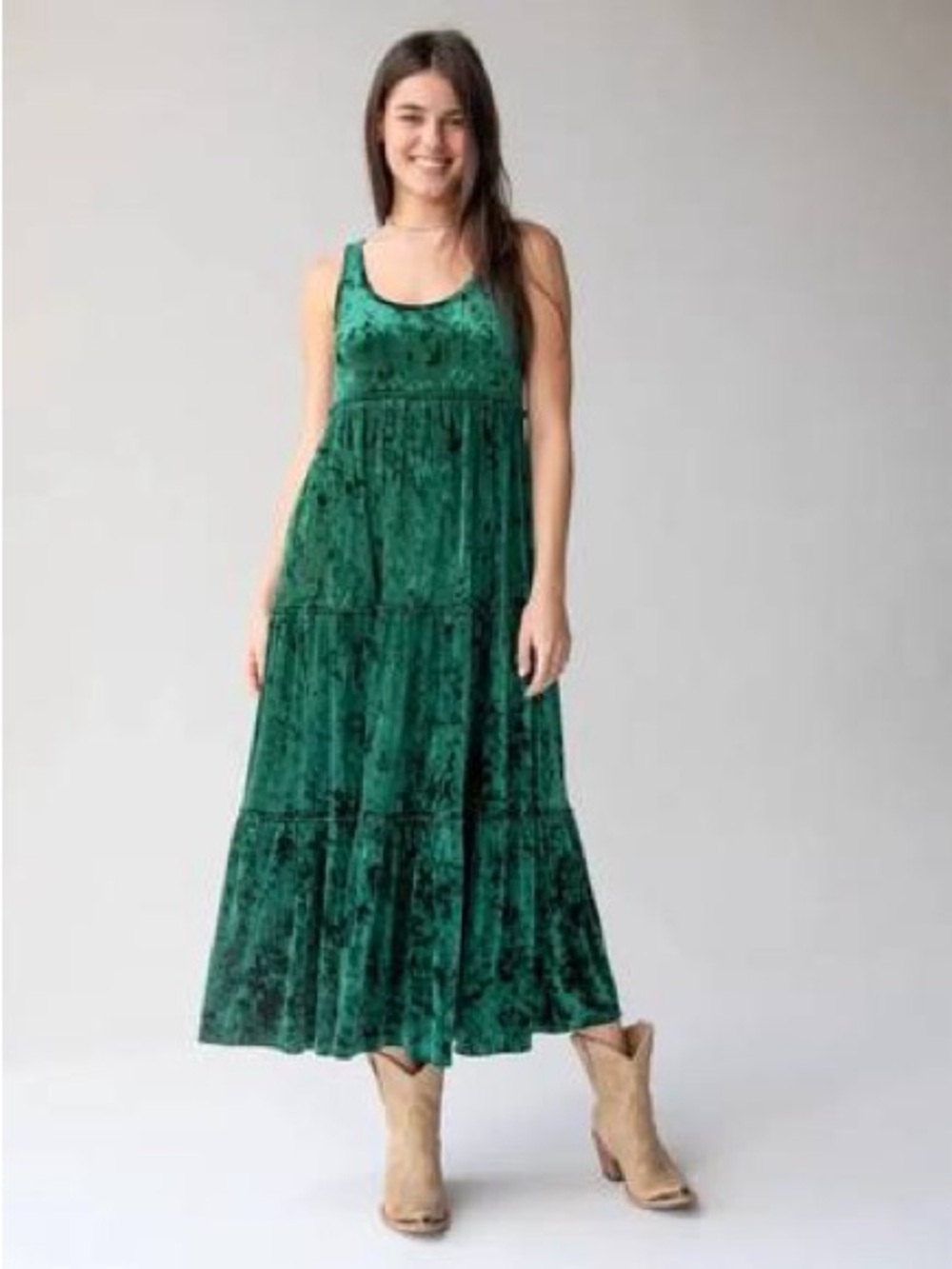 🌿 Natural Life Karlie Velvet Maxi Dress Evergreen Tiered Crushed Size Small